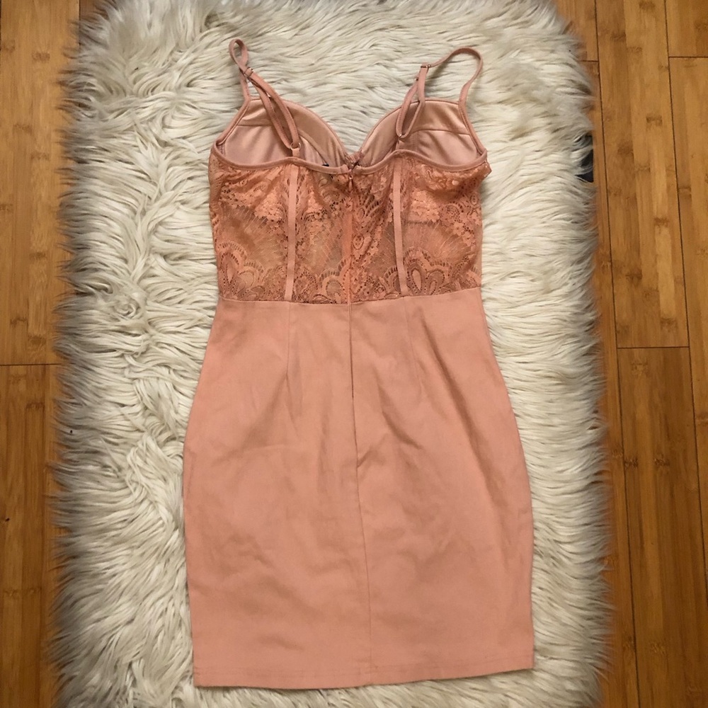 Haute Monde Corset Lace See Through Bodycon Flirty Coral Pink Mini Dress size L - Picture 8 of 13